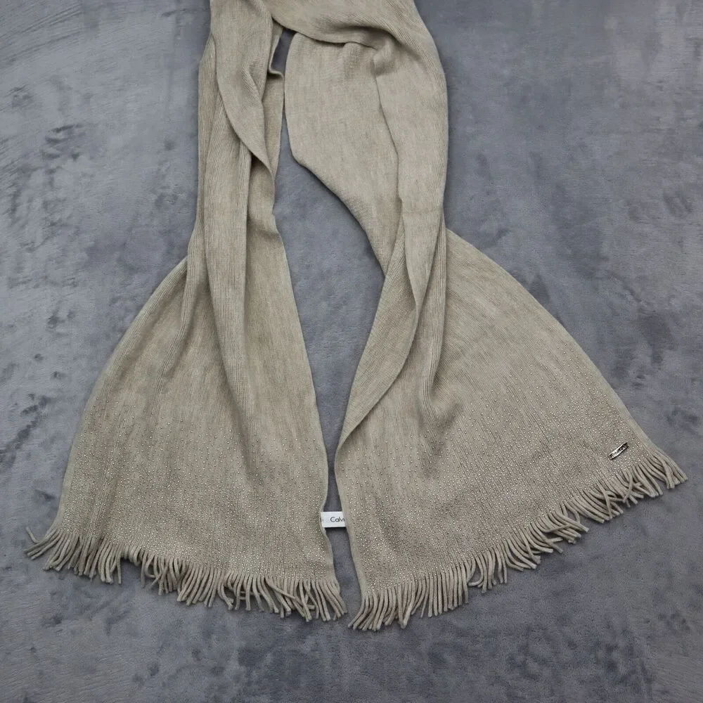 Calvin Klein Scarf Womens Brown Rectangle Beaded Fringe Knitted Outwear